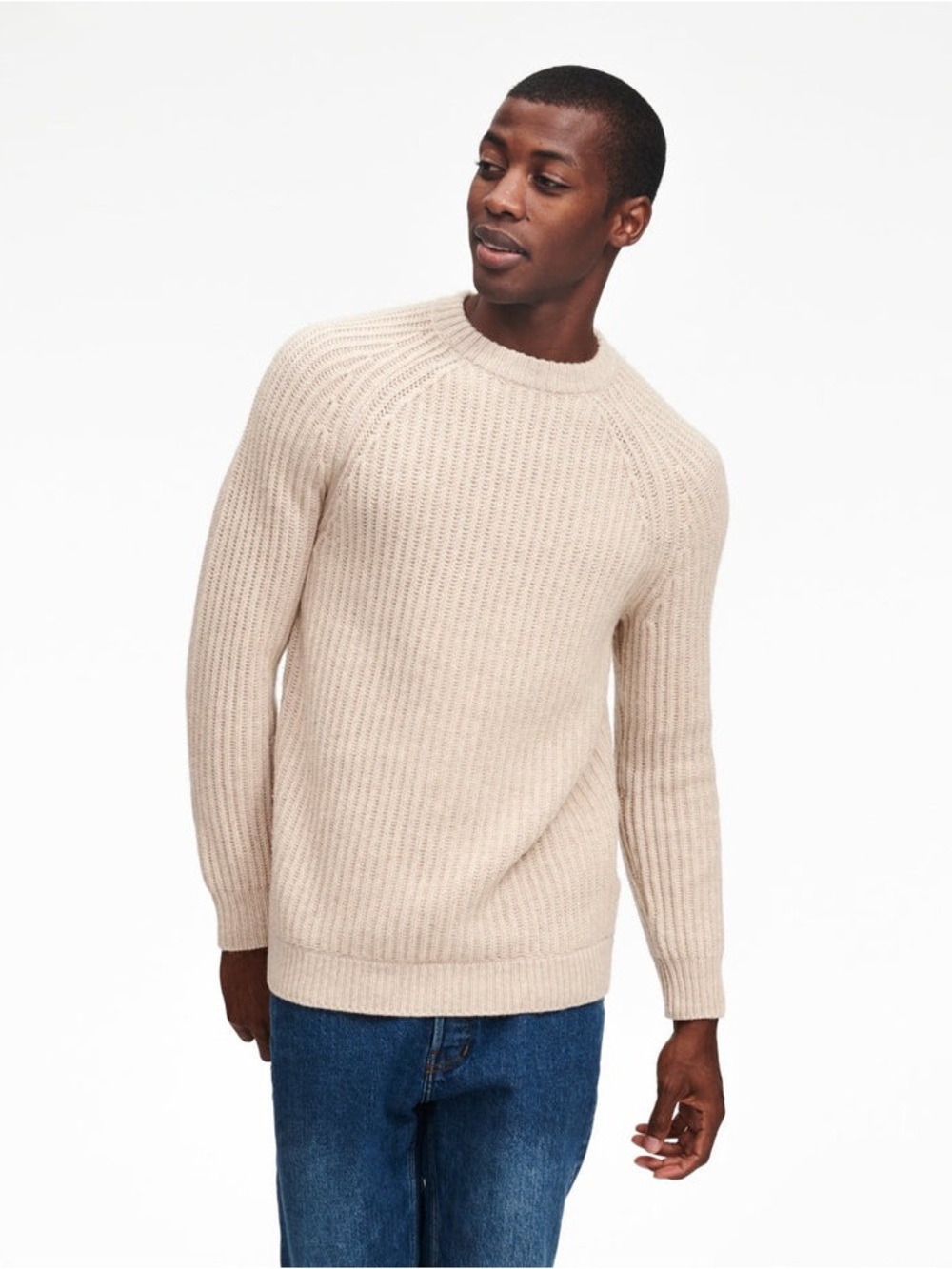 Naadam Crewneck Ribbed Wool Cashmere Knit Sweater Oatmeal Cream Fisherman Small